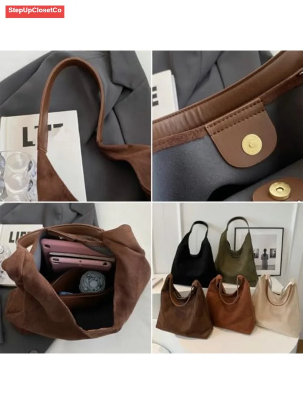 Faux Suede Leather Slouchy Hobo Shoulder Bag Large Tote Purse Women Work Handbag